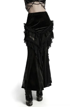 Black velvet gothic fishtail skirt with mesh ruffle panels and lace trim, three-quarter front view on model