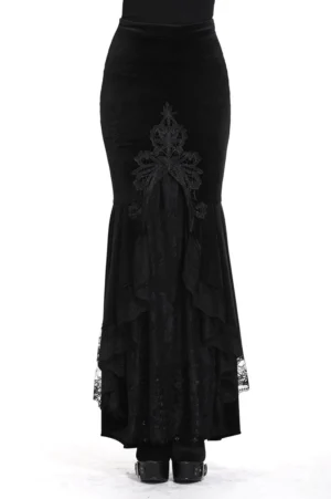 Black velvet fishtail gothic maxi skirt rear view showing embroidered floral lace appliqué and layered lace hem detail