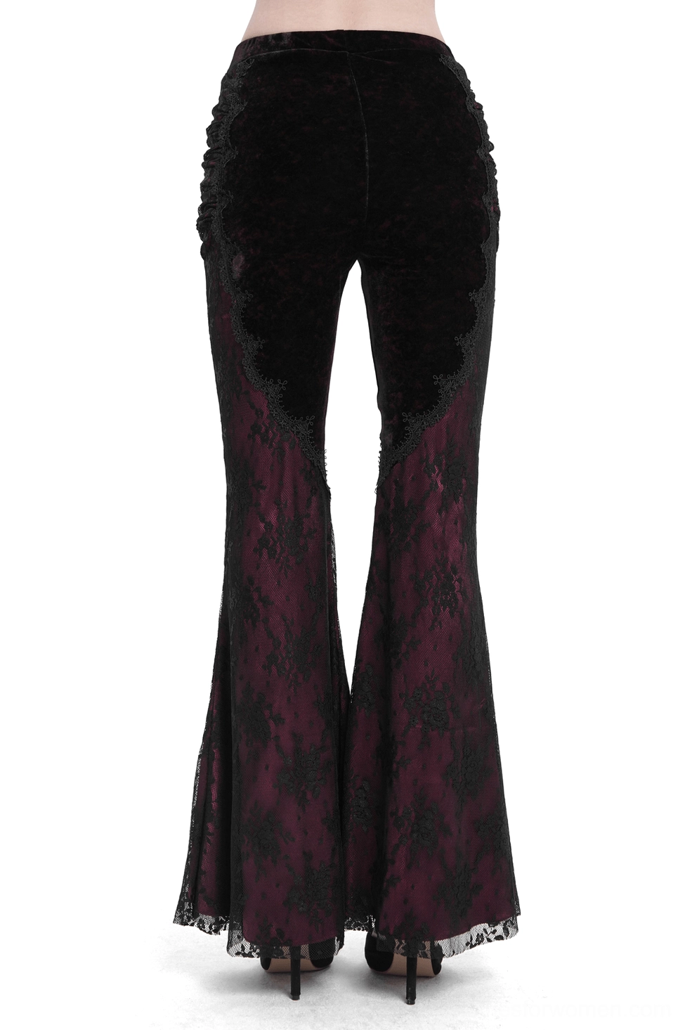 High-waisted black velvet gothic flare pants rear view with wine-red sheer lace leg panels and black heels