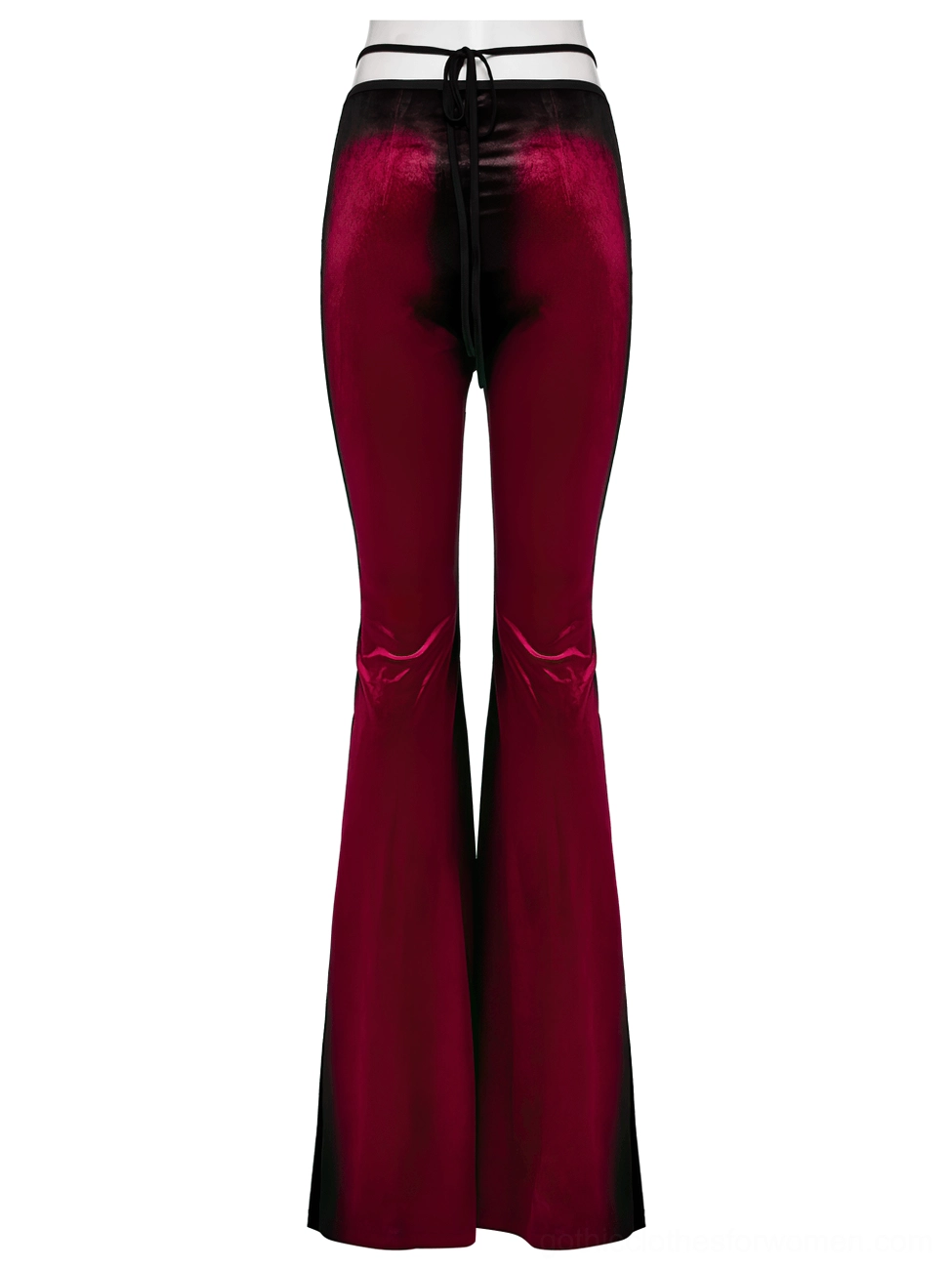 Gothic velvet flared pants flat lay rear view showing adjustable back tie bow closure