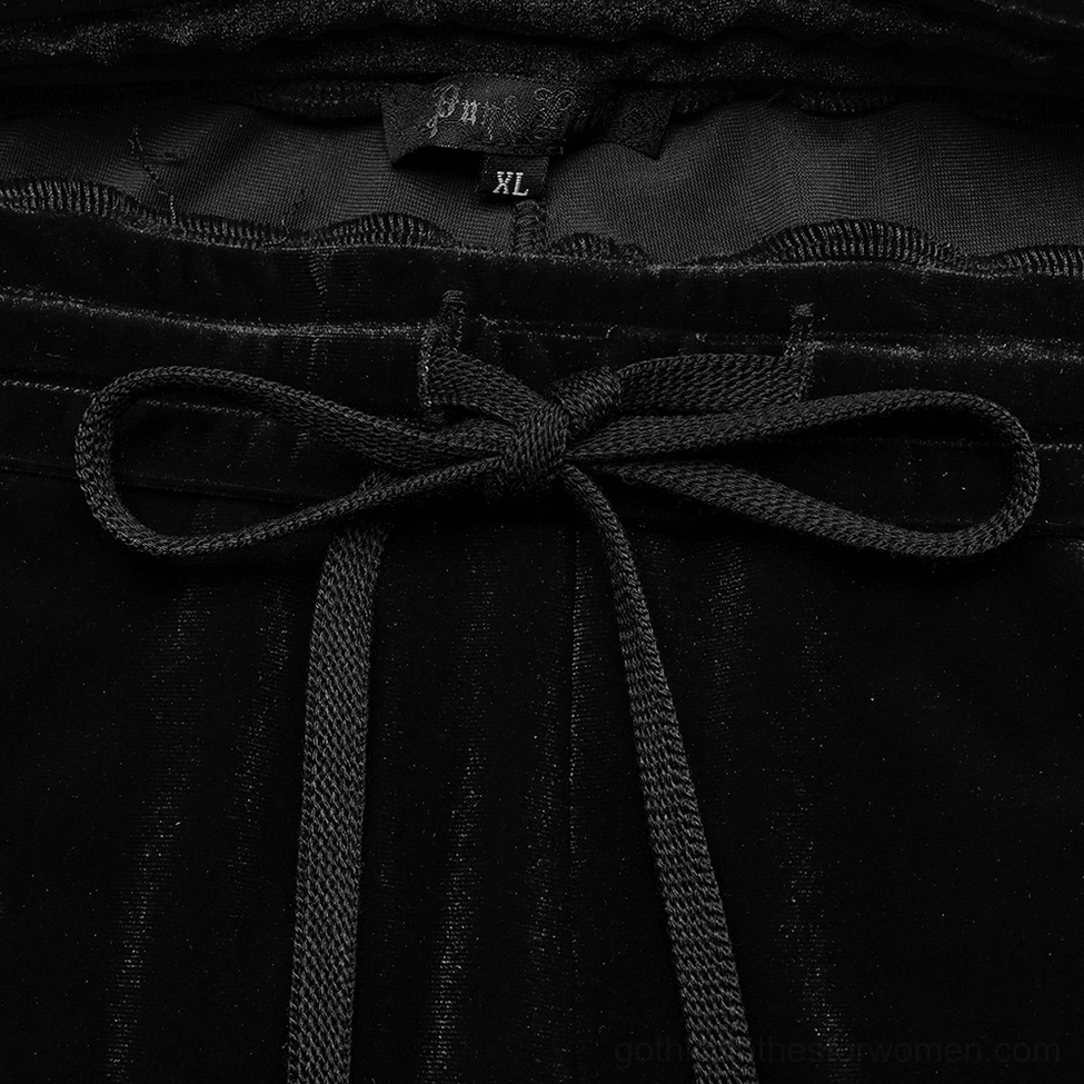 Black velvet gothic pants waistband detail showing drawstring tie closure and size XL label