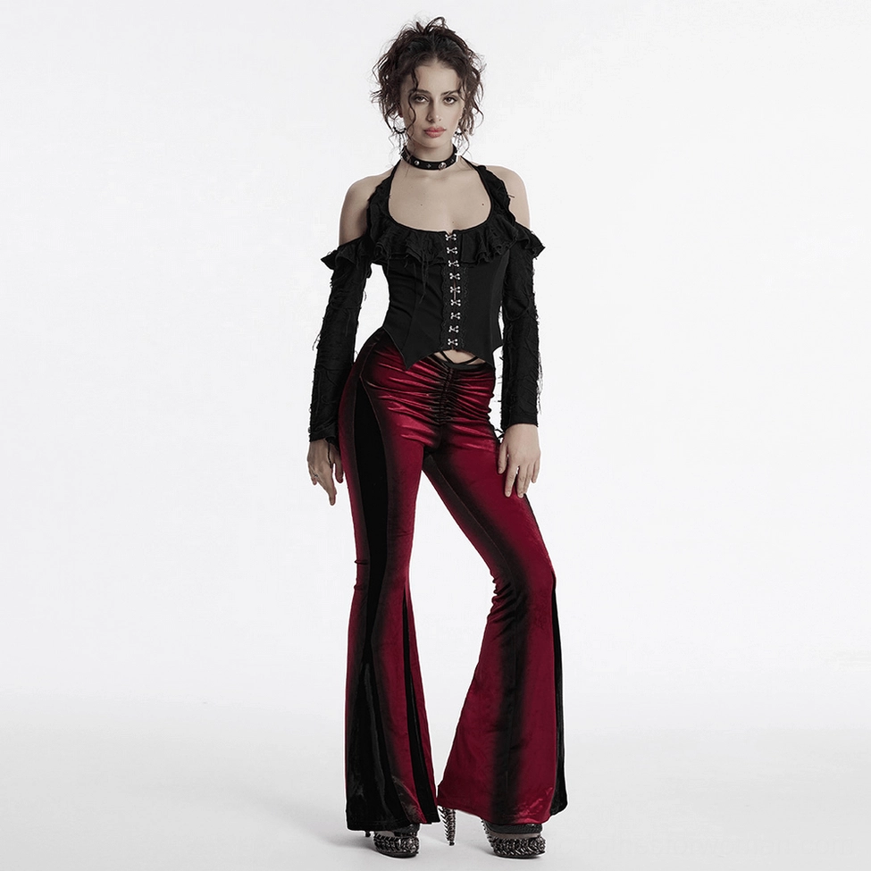 Gothic velvet flared pants wine red to black gradient fabric texture close-up