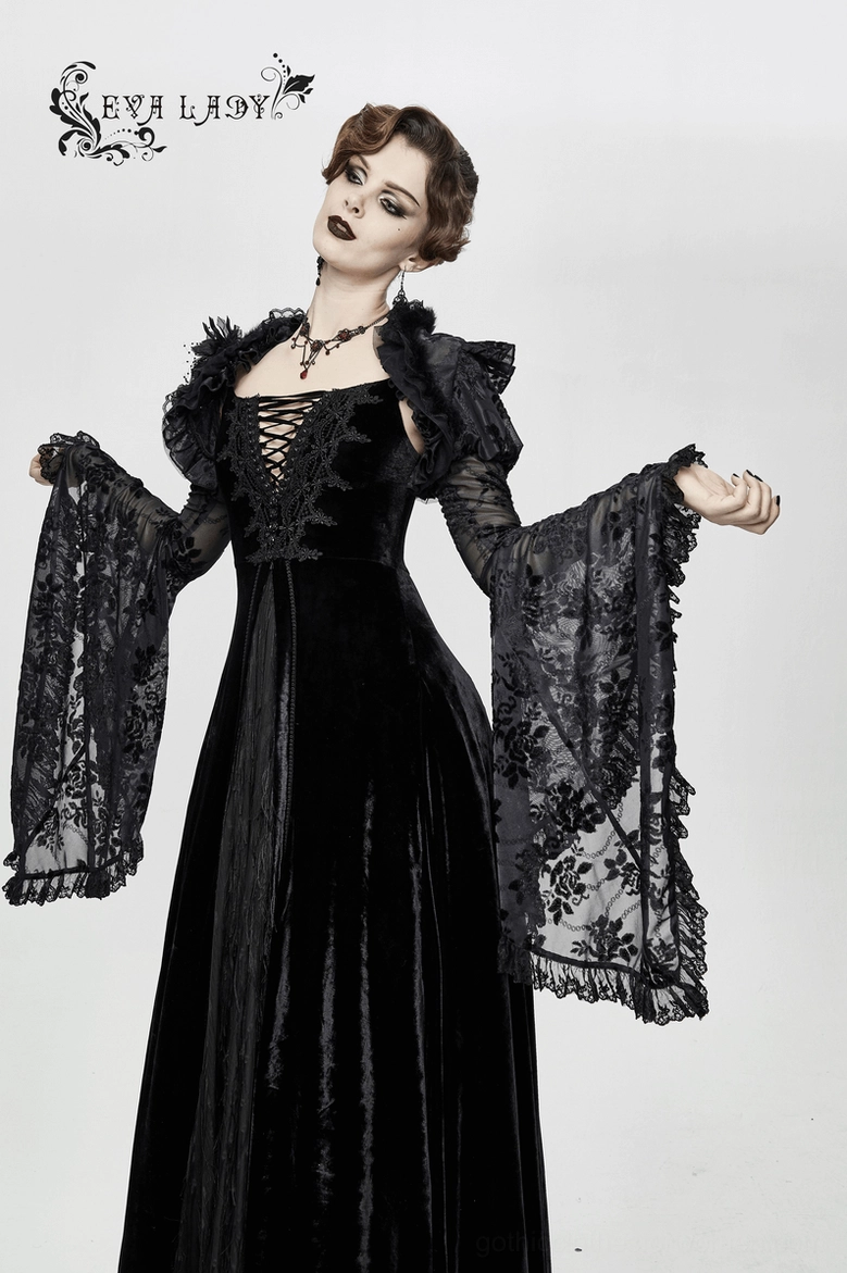 Sleeveless black velvet gothic floor-length dress featuring lace-up front bodice and graceful A-line skirt, front product shot on white background