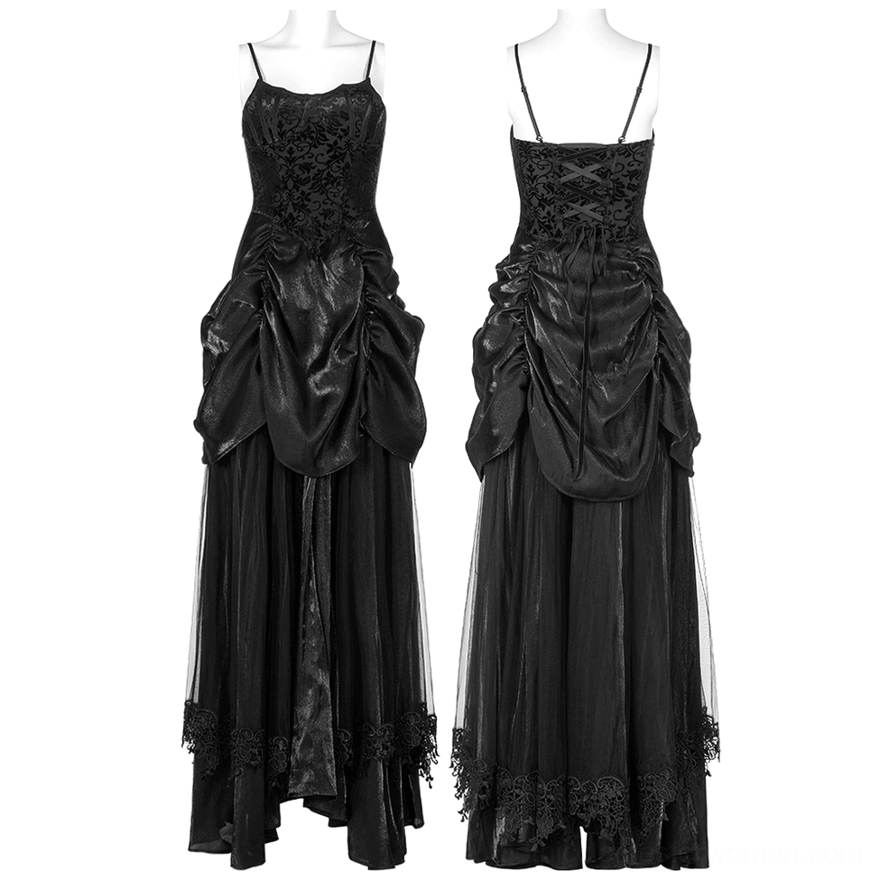 Mannequin display of black gothic gown front and back views with embroidered bodice