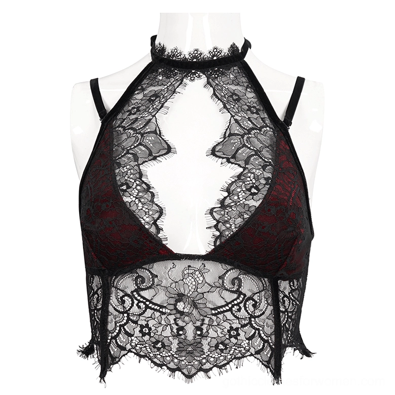 Black and wine red gothic halter bra on mannequin front-three quarter angle showing velvet cutout cup detail and lace embroidery