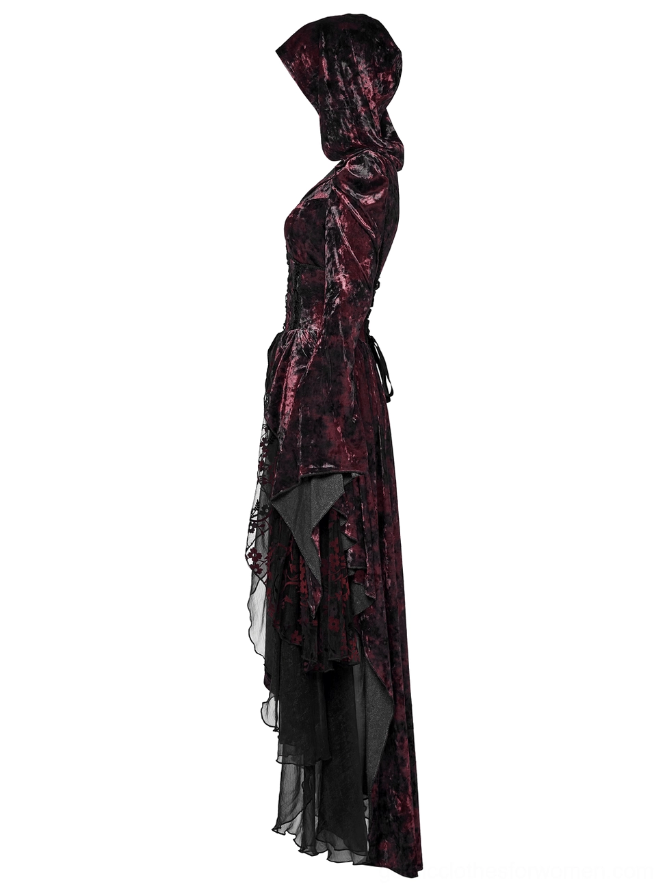Wine red gothic velvet hooded dress front mannequin view with lace-trimmed bodice detail