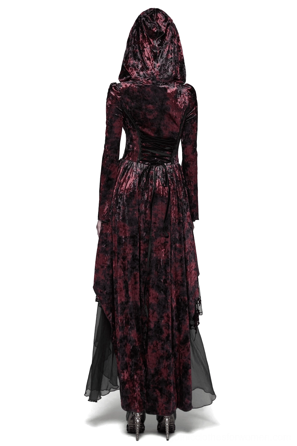 Gothic hooded dress rear view showing lace-up corset back design and asymmetric floor-length tulle hem