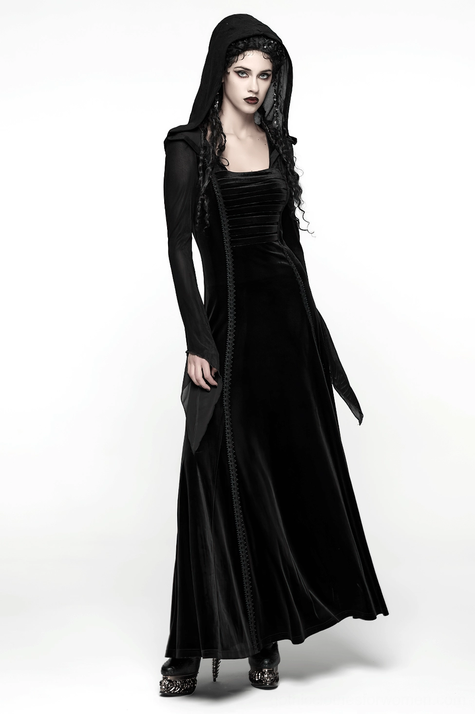 Detailed product shot of black gothic velvet hooded maxi dress highlighting mesh sleeve texture, bodice pleating, and hood design
