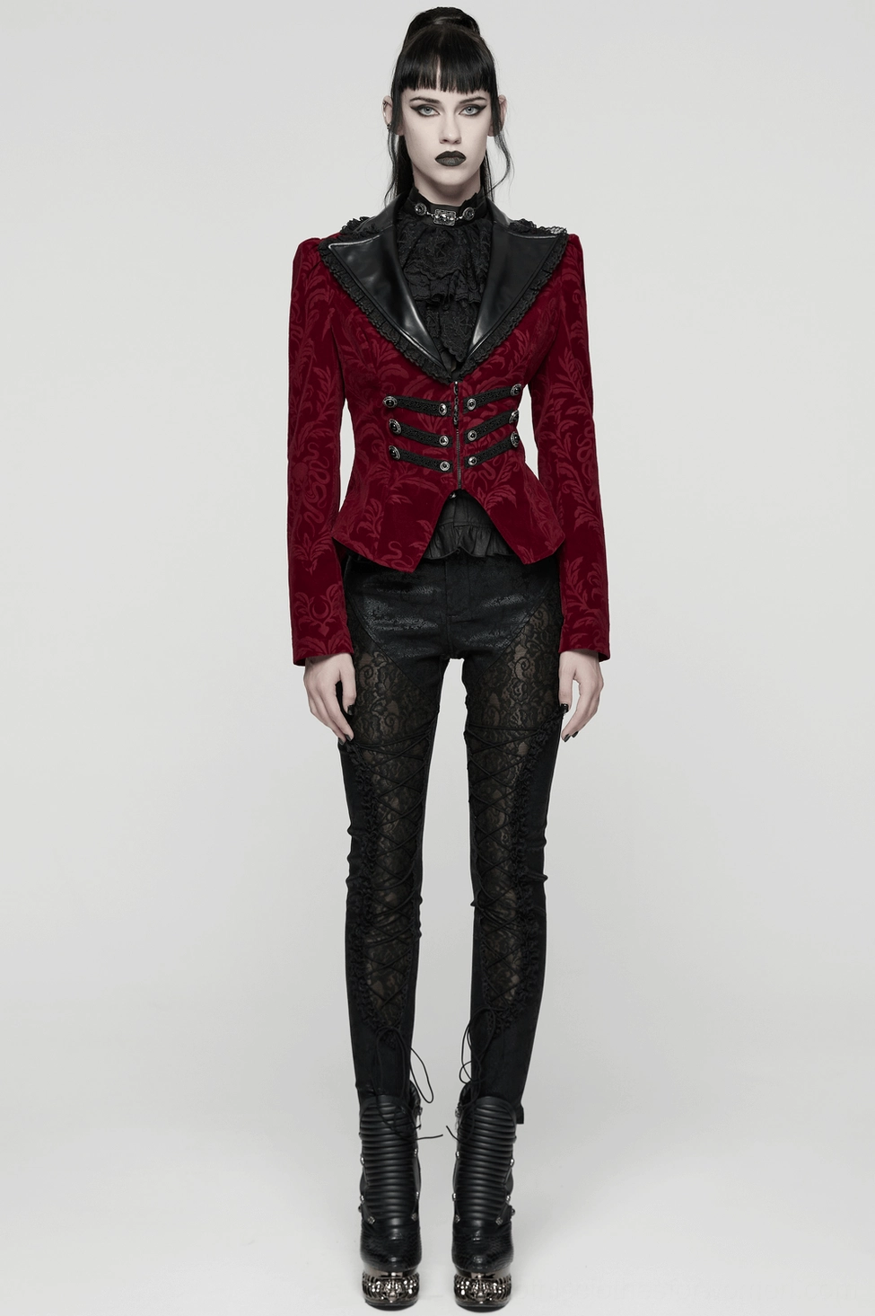 Gothic velvet jacket styling detail showing how lace trim complements leather accents and velvet body
