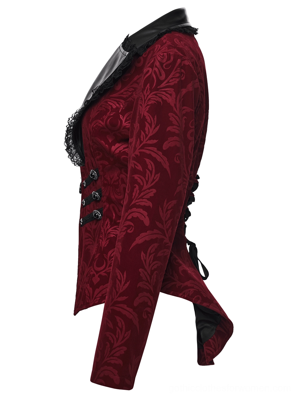 Side profile view of wine red velvet gothic jacket showing fitted silhouette and extended tail hem