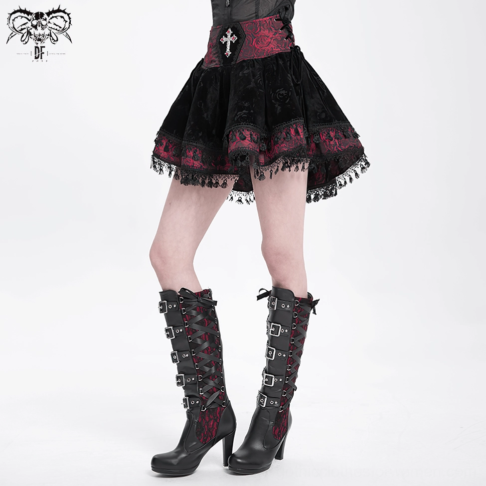 Wine red gothic velvet skirt showing texture contrast between soft velvet and jacquard underlayer