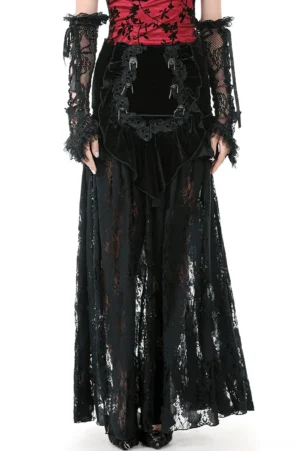 Gothic black velvet and lace maxi skirt with red corset top, front view on model