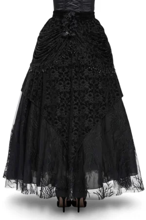 Back view of black gothic velvet lace maxi skirt showcasing beaded panel drapes and intricate floral mesh burnout pattern