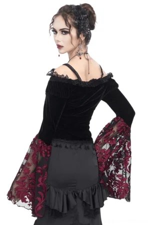 Gothic velvet lace off-shoulder blouse back view worn with black ruffled mermaid skirt