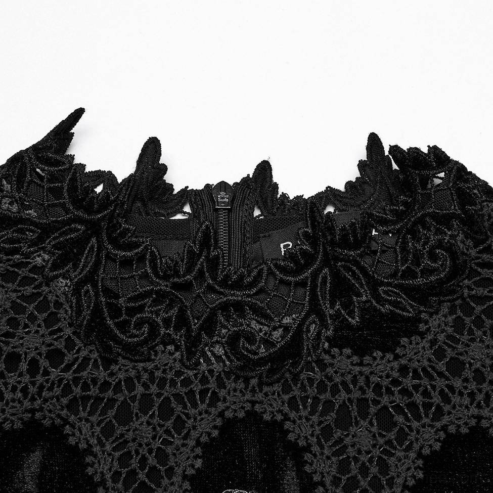 Close-up detail of gothic velvet top high lace collar with embroidered trim and hidden back zipper