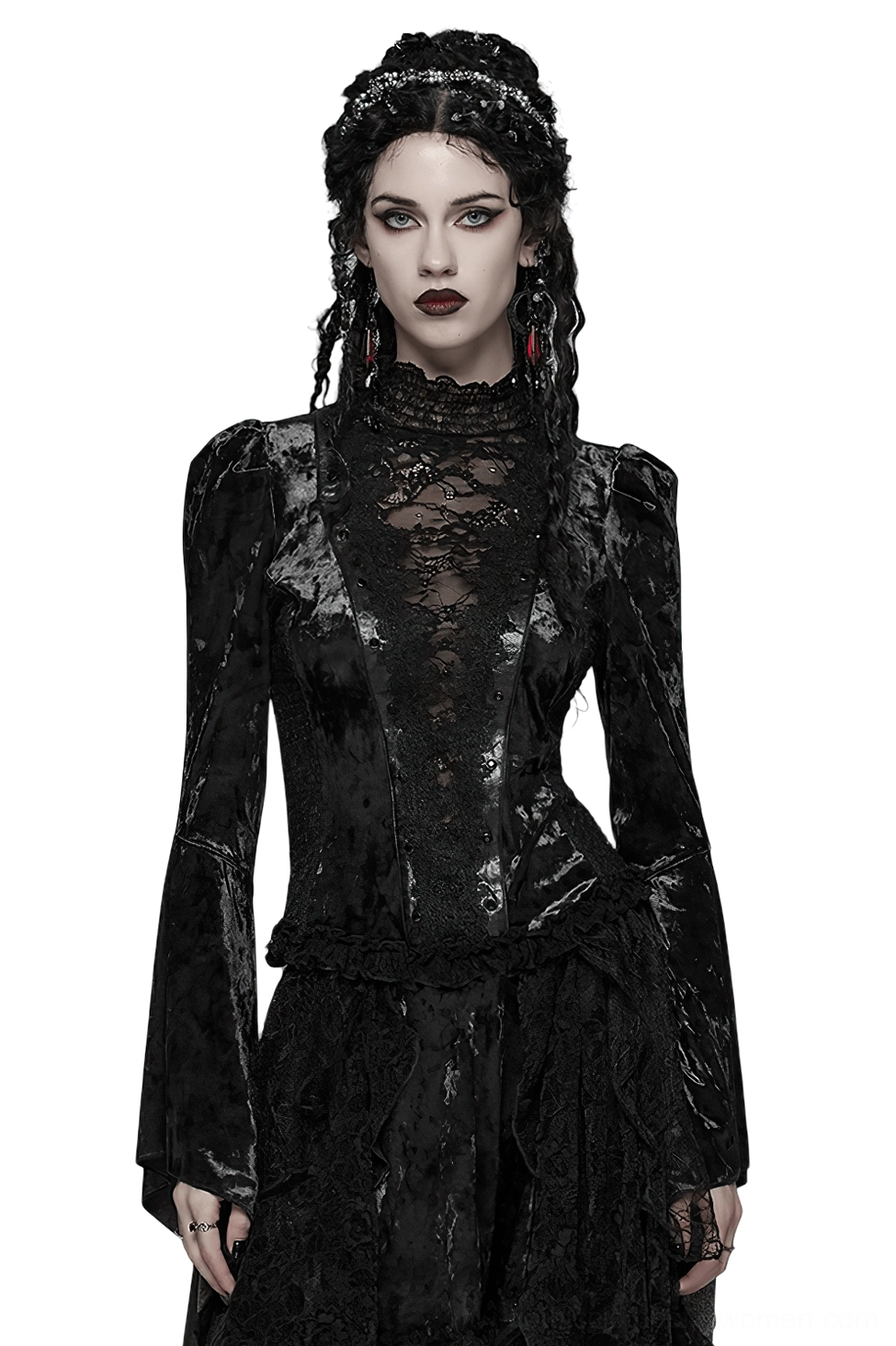 Front full-body view of black velvet lace gothic top with flared sleeves and high mock neck, worn by model with braided hair against white studio background