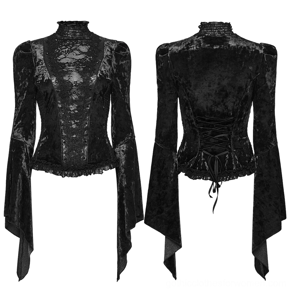 Front and back flat lay display of black gothic velvet lace top showing high neck, fitted waist, and corset-style back lacing detail
