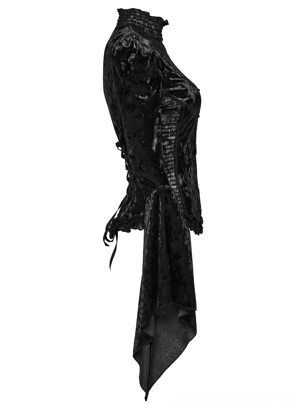 Side profile view of gothic velvet lace top showing ruched side panels, mixed velvet and lace fabric construction, and sleeve volume