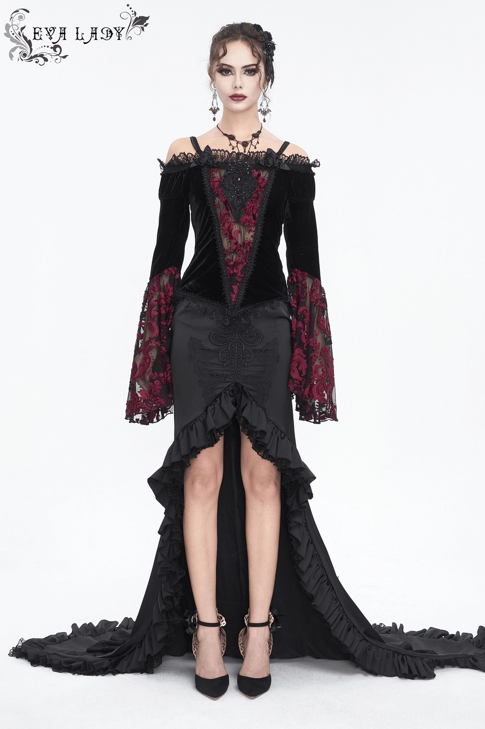 Overall silhouette view of gothic black velvet lace top showing slim-fit construction and proportions