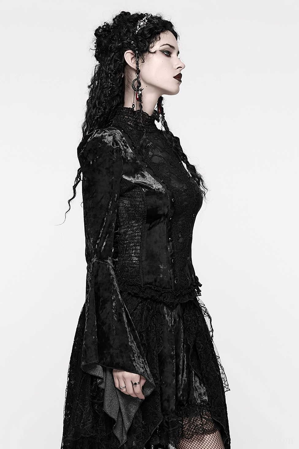 Alternative angle of gothic velvet lace top showing three-quarter view with flared sleeve drama and lace panel details