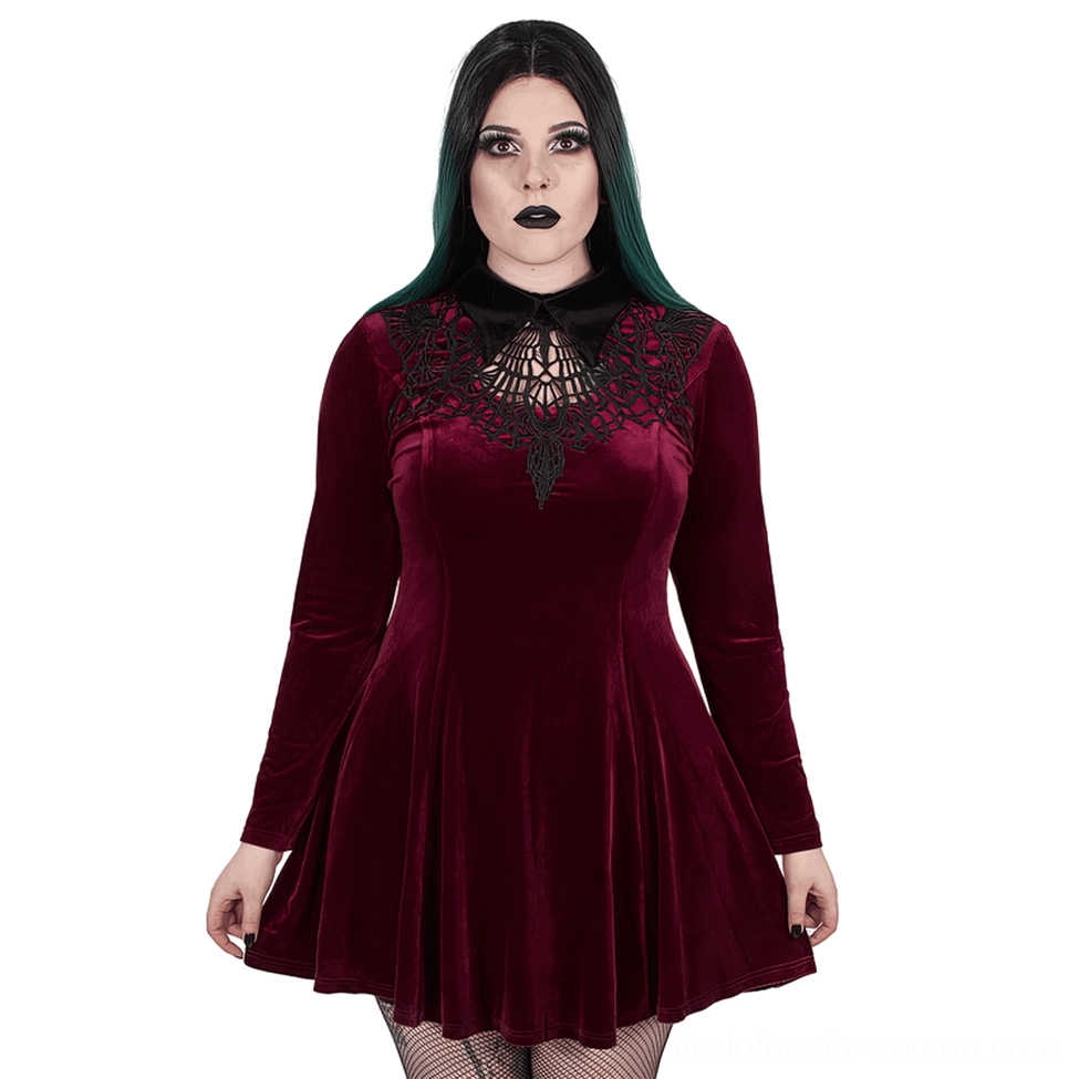 Wine red velvet gothic lace-up dress front view with spiderweb black lace collar and flared sleeves on model with gothic makeup