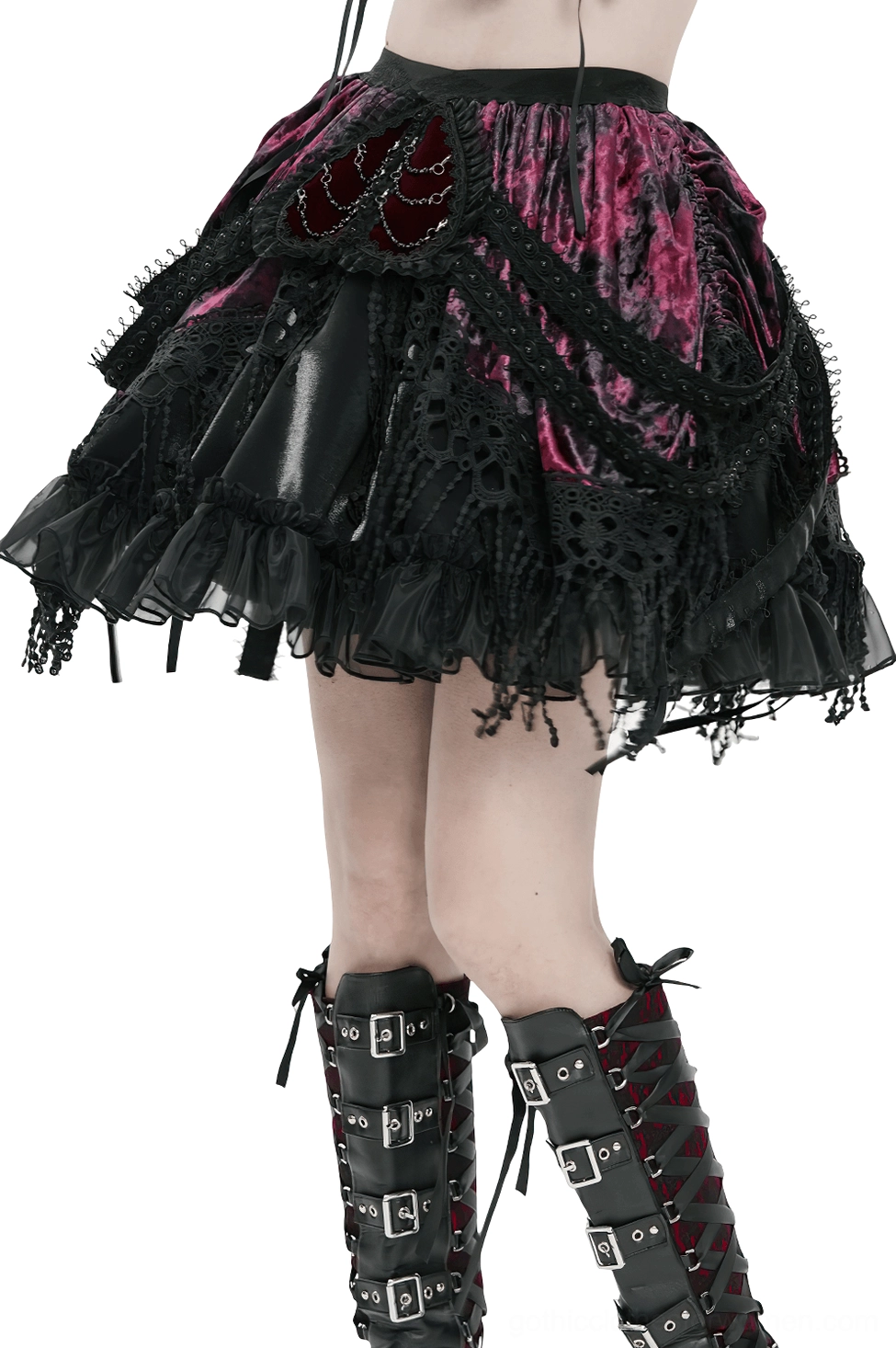 Wine red and black crushed velvet gothic layered mini skirt with lace ruffles, three-quarter front view on model