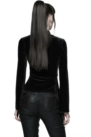 Slim-fit gothic velvet top back view showing split cuff sleeves and fitted silhouette on model with long ponytail