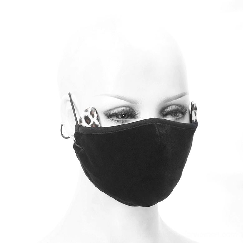 Unisex gothic velvet face mask with leopard ear details and cord lock adjuster, left three-quarter view