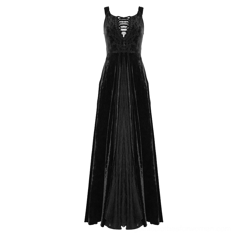 Sleeveless black velvet gothic maxi dress with lace-up front bodice and A-line floor-length skirt, front product shot on white background