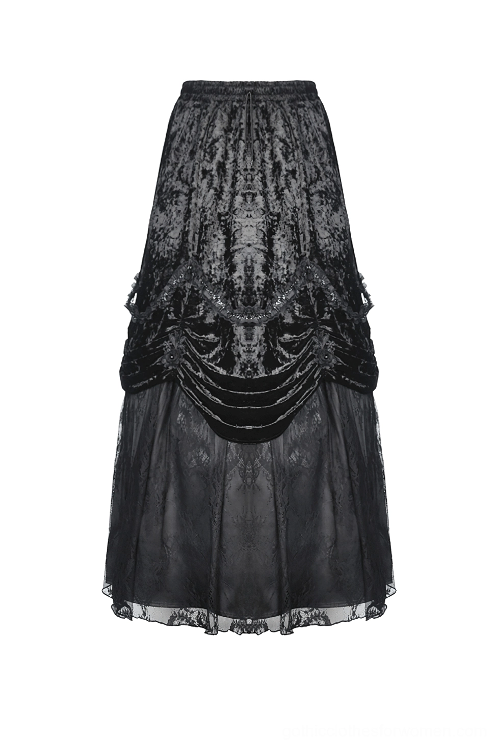 Gothic crushed velvet maxi skirt flat lay front showing ruched detailing and tulle underlayer