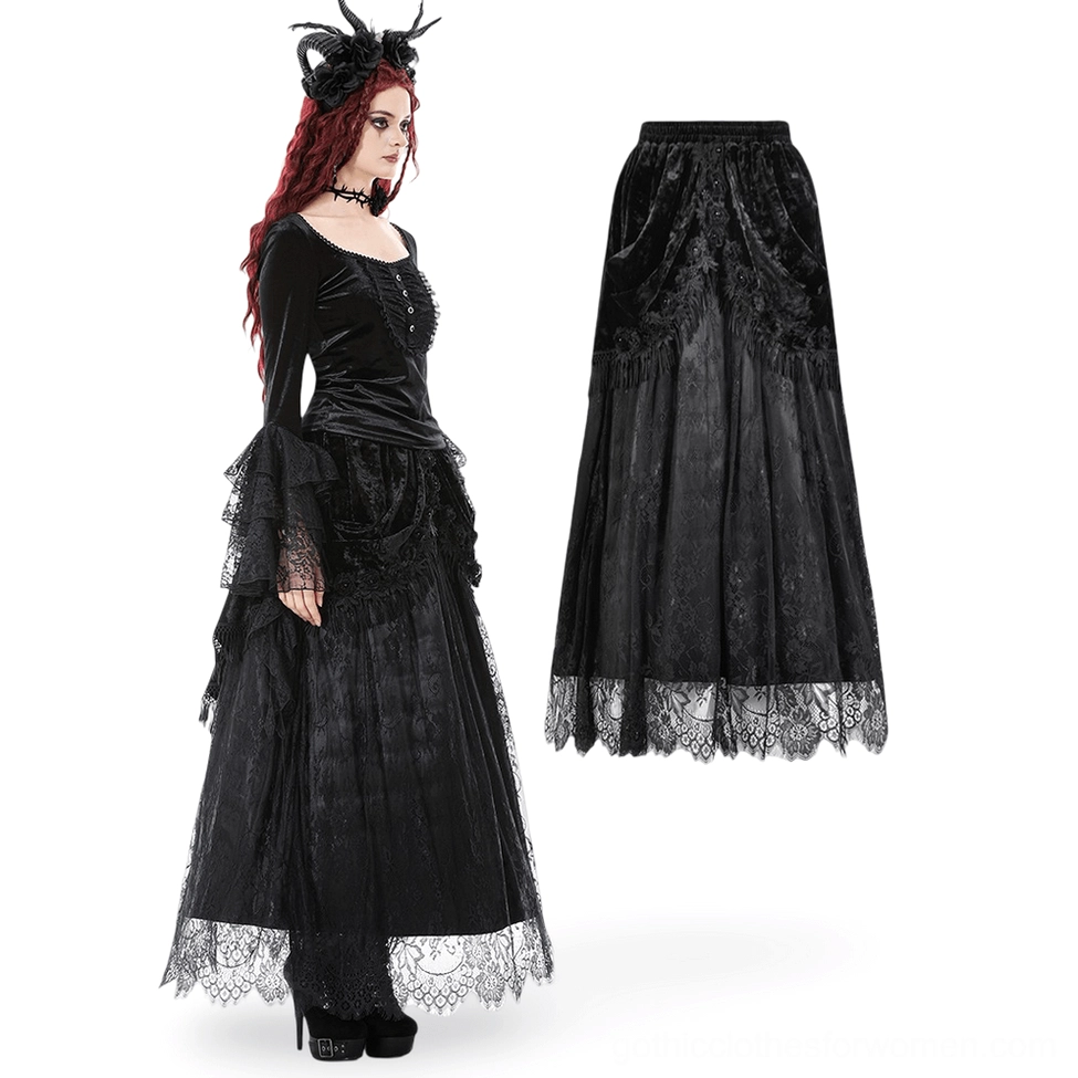 Three-quarter front view of gothic black velvet lace maxi skirt with red-haired goth model wearing coordinating ruffled long-sleeve velvet top