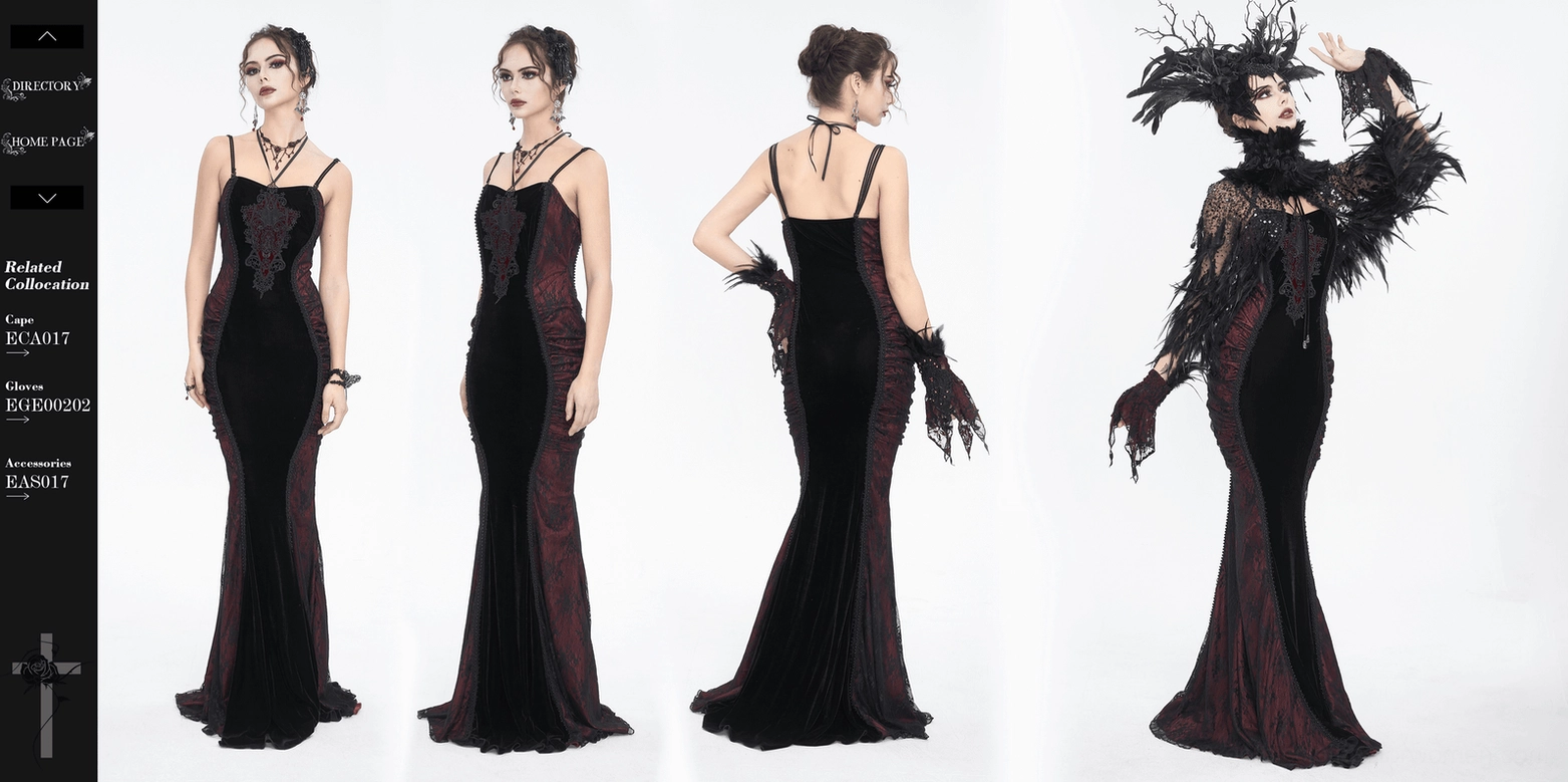 Black burgundy velvet gothic dress model showcase in dramatic studio lighting