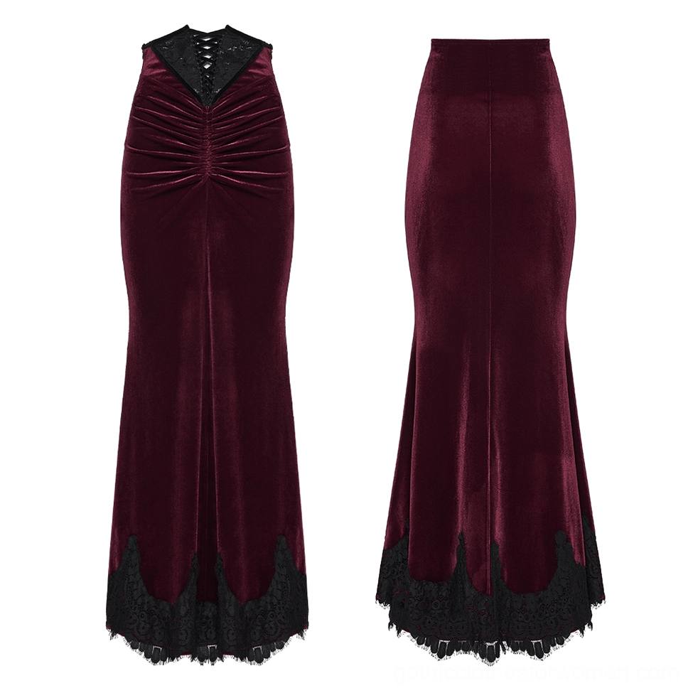 Burgundy velvet gothic mermaid skirt flat lay front view displaying lace-up waist panel and front gathered ruching detail
