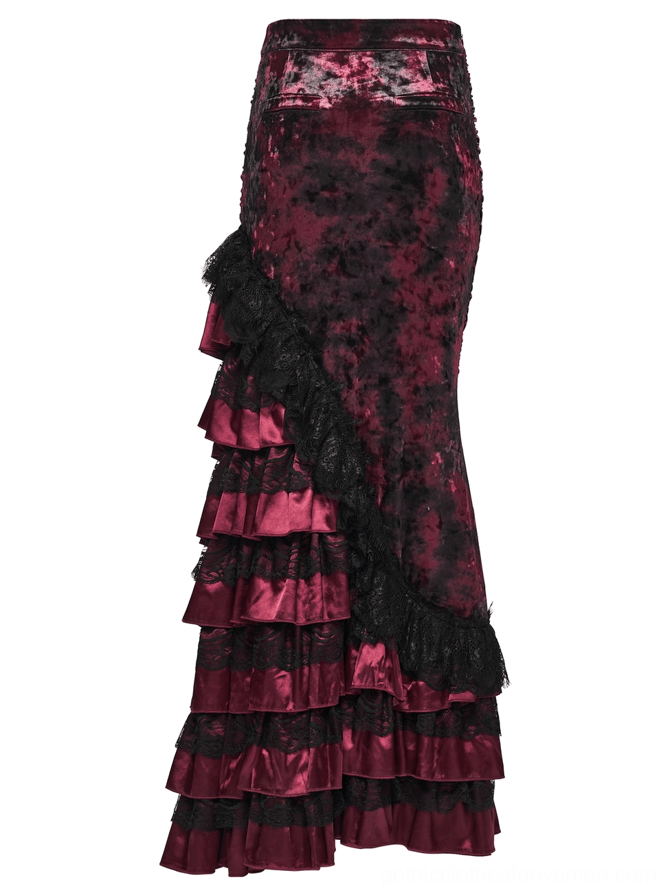 Gothic velvet mermaid skirt front flat lay displaying tiered ruffled lace hem detail and structured silhouette