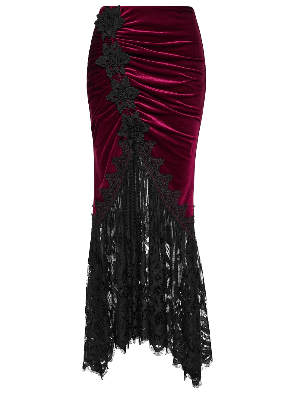 Left side view of burgundy velvet gothic mermaid skirt displaying side ruched floral lace and dramatic fishtail hem