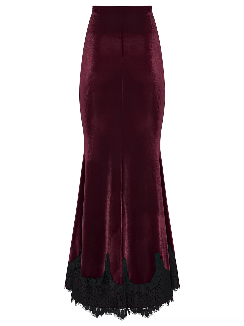Burgundy velvet gothic skirt front flat lay with plain high waist and black scalloped lace hem without front ruching