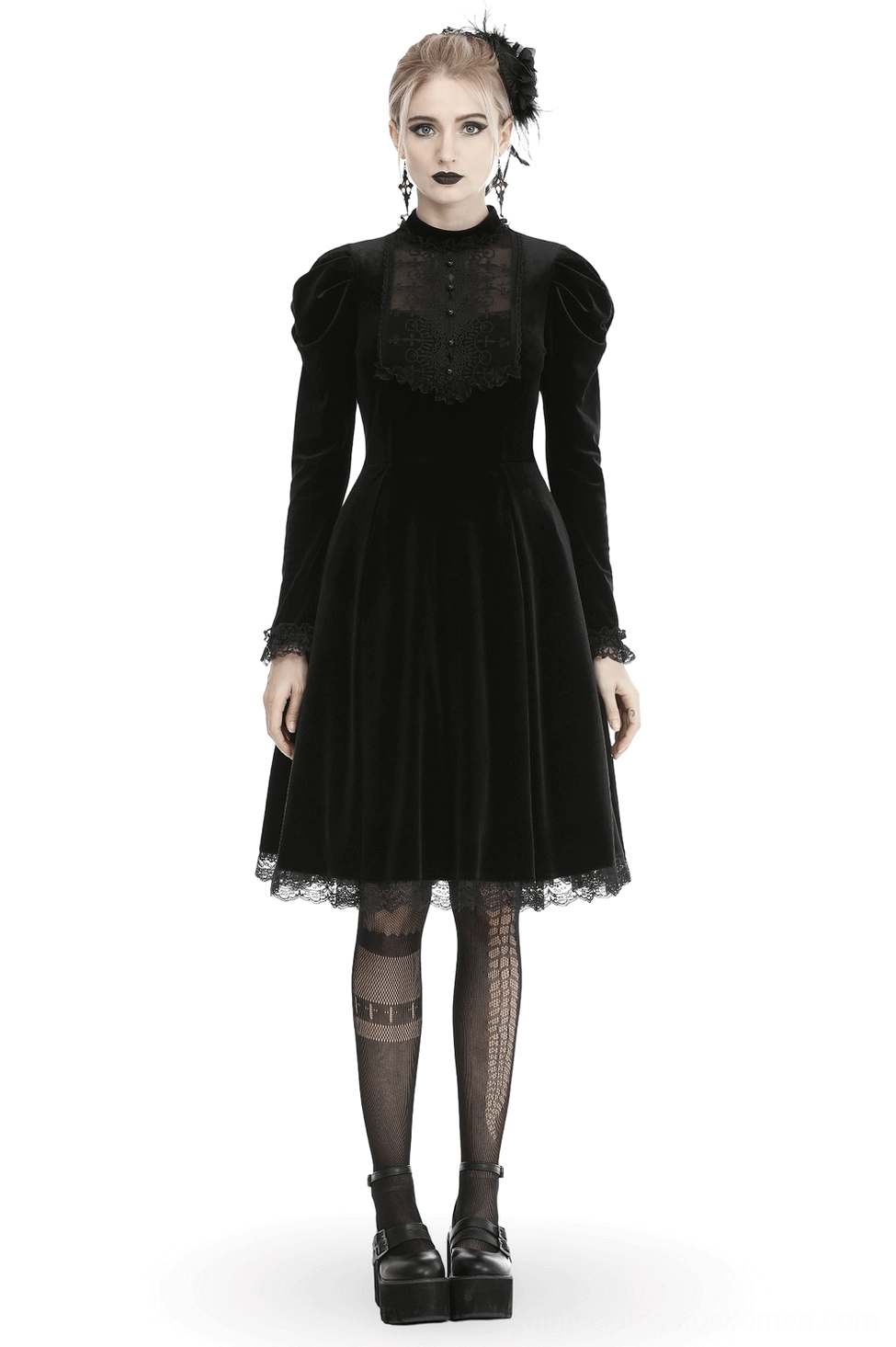 Victorian black velvet gothic midi dress with puff sleeves and lace trim - front full-body view on model