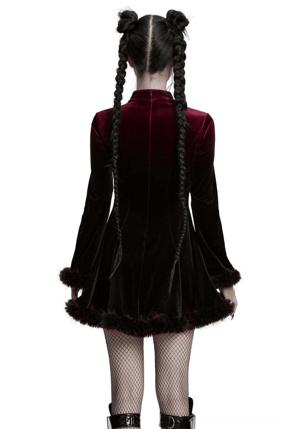 Gothic velvet mini dress back zipper detail with feather hem trim and fishnet stockings