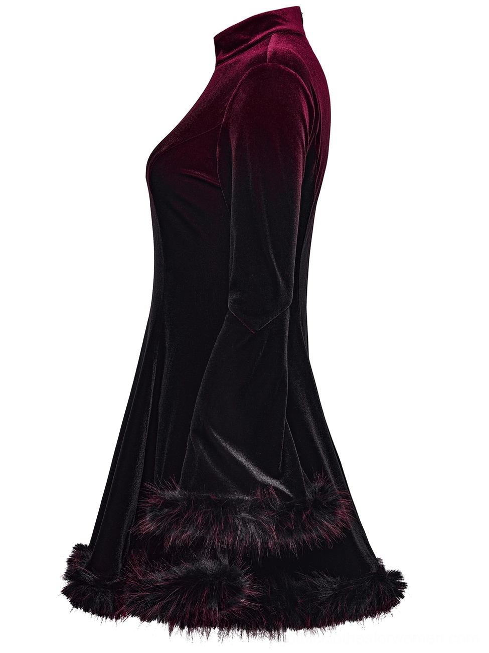 Gothic velvet mini dress side profile view fitted silhouette flared hem feather trim