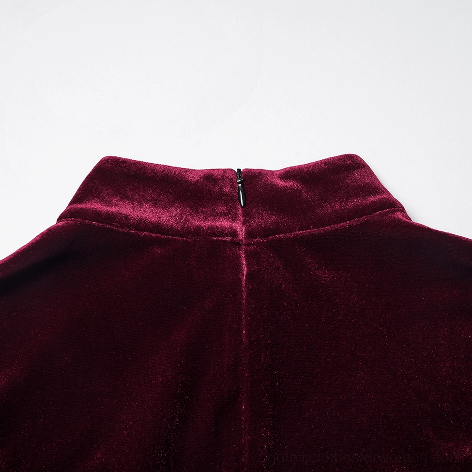 Wine red velvet gothic mini dress styling with platform boots and accessories