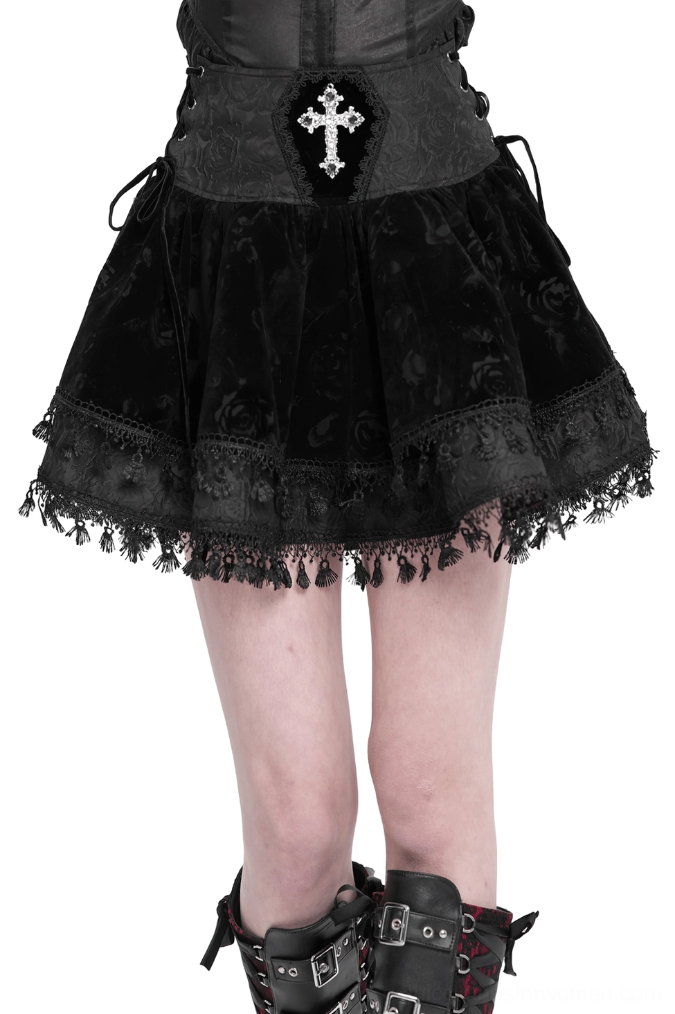 Black velvet gothic mini skirt with embroidered cross, adjustable lace-up corset-style waist, rose-patterned velvet, and decorative tassel lace hem
