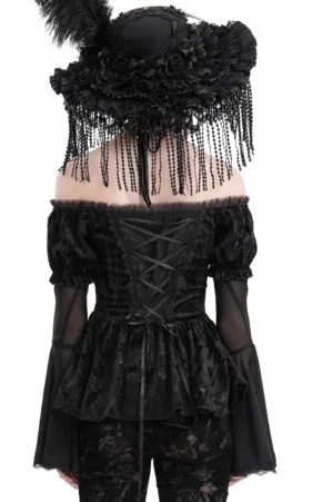 Back view of black gothic velvet top showing lace-up back design and off-shoulder sheer sleeves