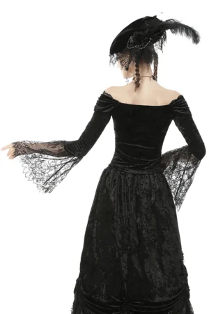 Gothic velvet off-shoulder top with flared lace sleeves, full back view showing fitted bodice