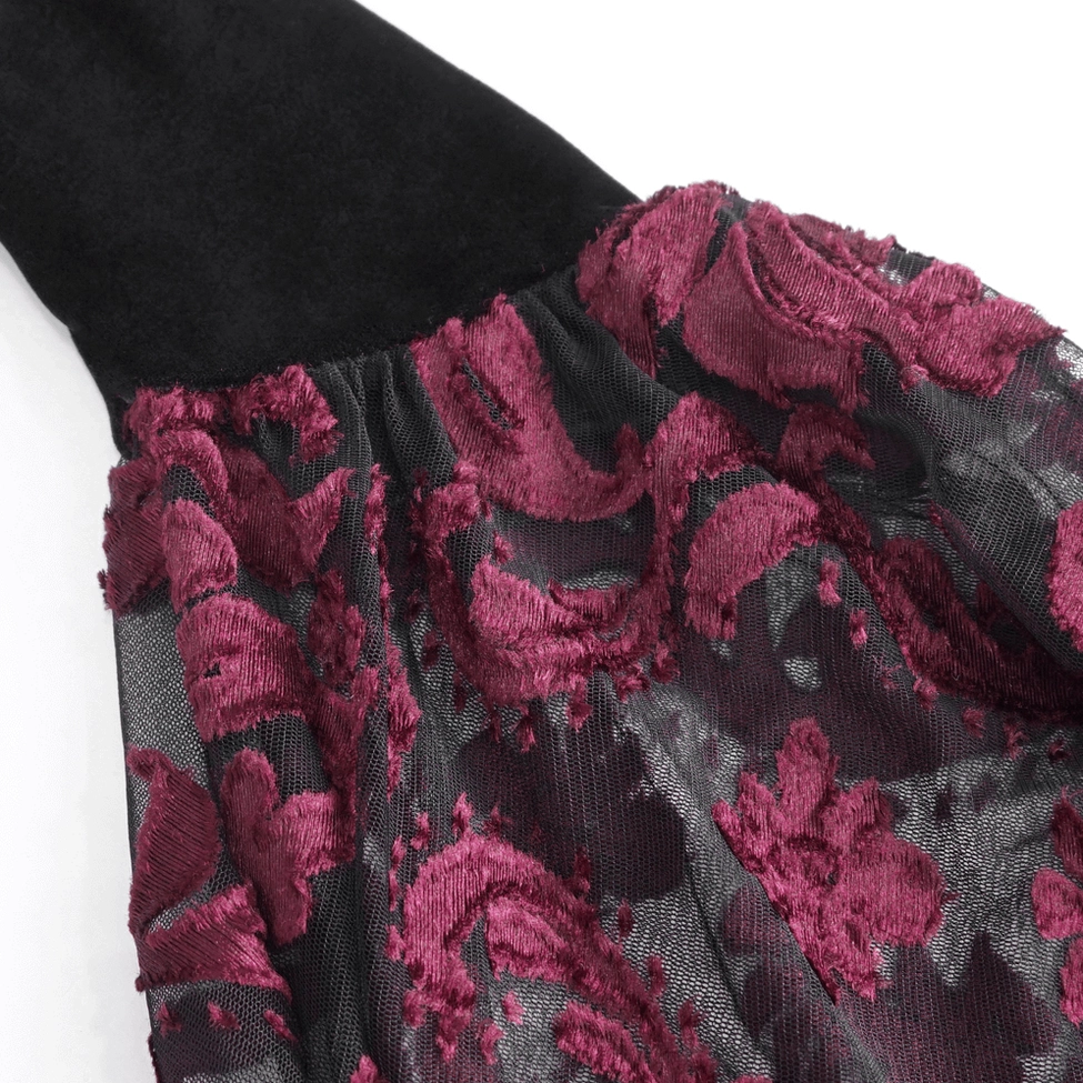 Full length front view of black velvet gothic off-shoulder top with flared lace sleeves