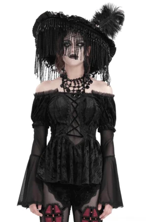 Black velvet off-shoulder gothic top with lace-up front and sheer bell sleeves, front full view on model