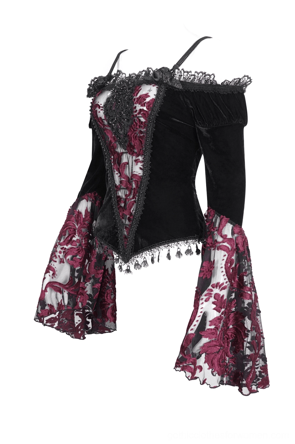 Side flat display of gothic off-shoulder velvet top showing spaghetti straps and embroidered flared sleeves