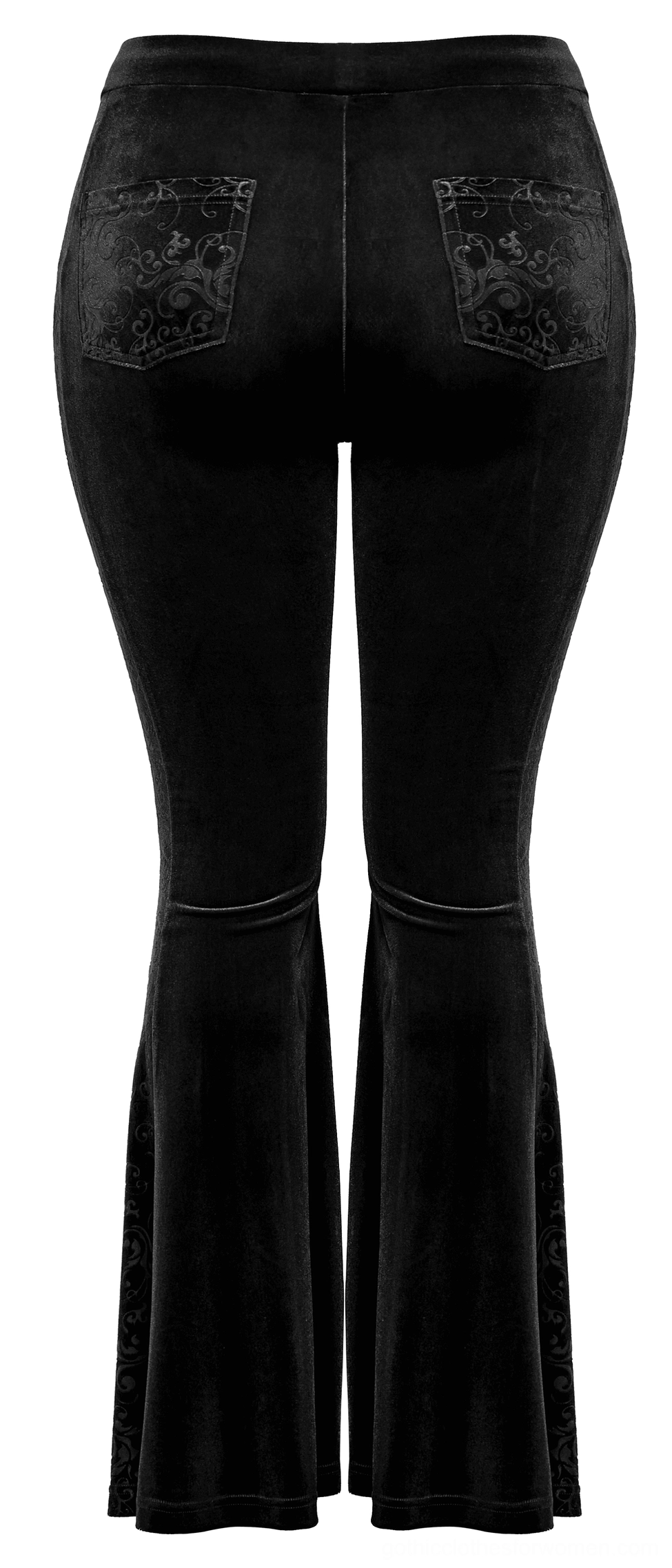 Black velvet gothic flared pants back flat lay showing decorative embossed pockets and flared silhouette