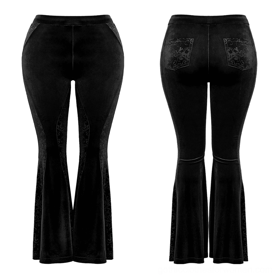 Black velvet gothic flared pants front and back flat lay showing full silhouette and embossed pockets