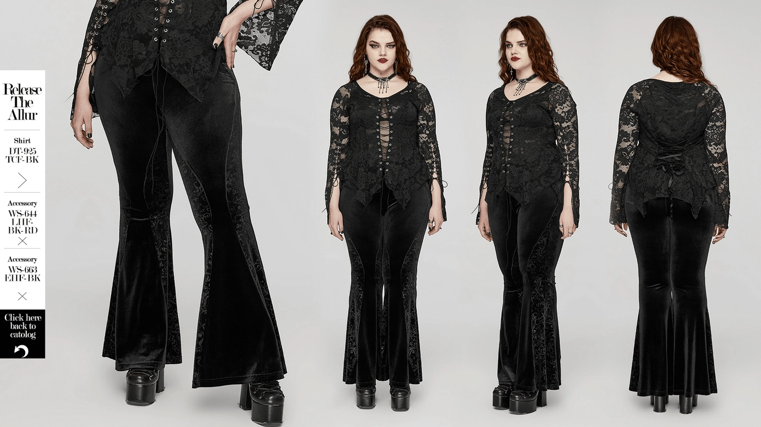 Black velvet gothic pants full length showing flared hem width and baroque embossed construction details
