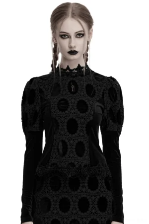Black velvet puff sleeve gothic top with lace trim and antique gold key pendant, front full-body view on model